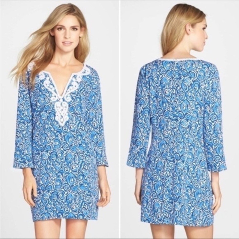 LILLY PULITZER JULIANNA CHASING TAILS BLUE WHITE BEADED TUNIC DRESS S